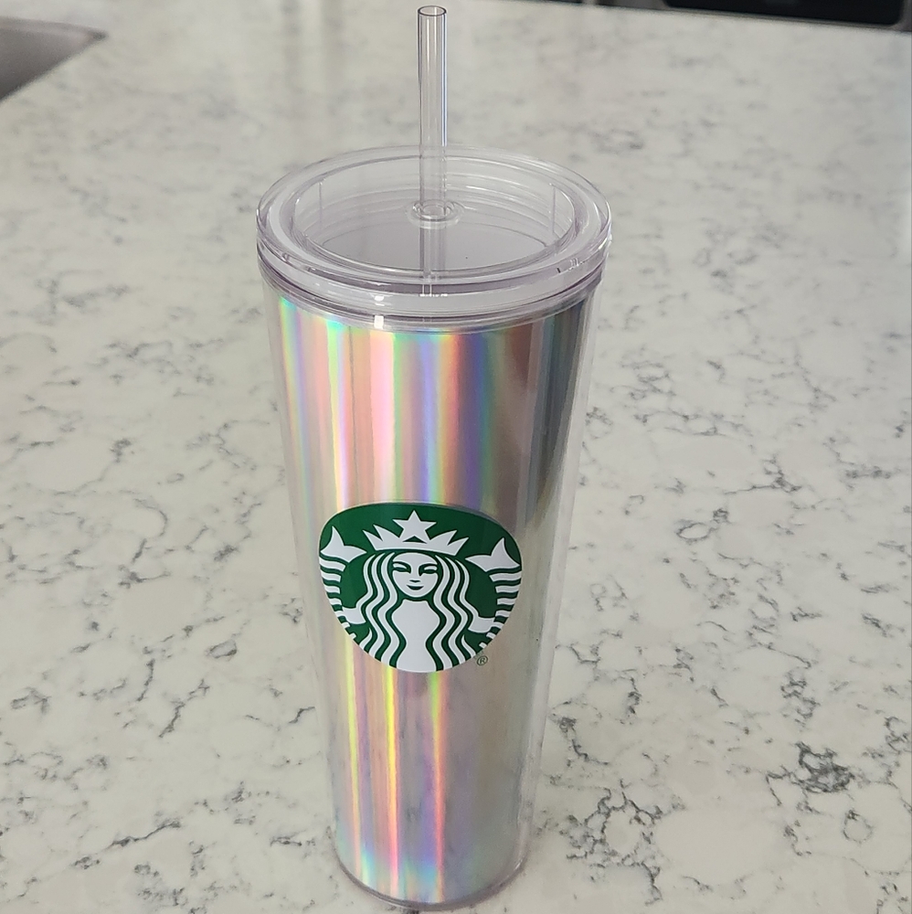 Starbucks Iridescent Silver Tumbler With Straw 24 Oz. Never Used